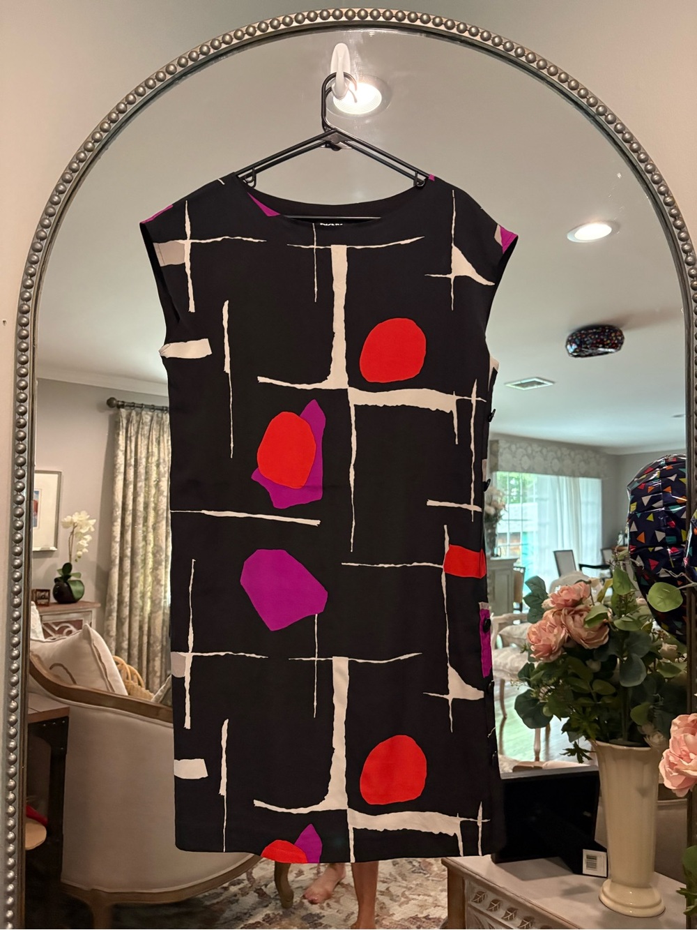 DKNY Black Mini Dress with Red & Purple Geometric Motifs